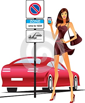 Fashion model sending sms for parking of car