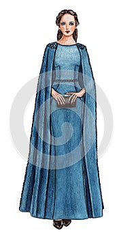 Fashion Model in a Teal Blue Long Cape Gown