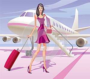 Fashion model traveling by aircraft