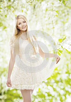 Fashion Model in White Dress, Girl Embroidered Lace Clothes