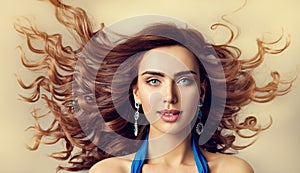 Fashion Model Wind Waving Hair, Woman Beauty Hairstyle Portrait