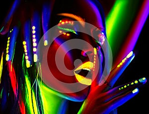 Fashion model woman in neon light. Beautiful model girl with colorful fluorescent makeup photo