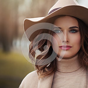 Fashion model woman in season cot and fashionable hat