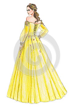 Fashion Model in a Yellow Floral Gown