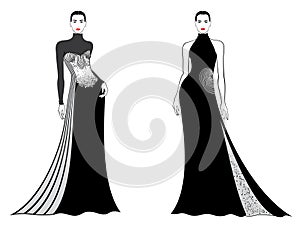 Fashion models in elegant evening attire, in black color, outline, isolated, vector illustration