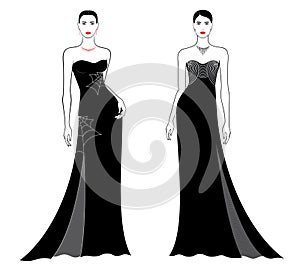 Fashion models in elegant evening attire, in black color, outline, isolated, vector illustration photo