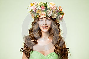 Fashion Models Flowers Wreath Beauty Portrait, Woman Makeup with Rose Flower in Hairstyle, Beautiful Girl