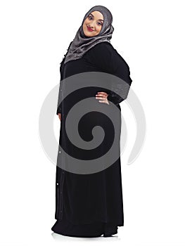 Fashion, Muslim and portrait of woman on a white background with confidence, elegance and happy attitude. Culture