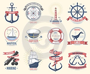 Fashion nautical logo sailing themed label or icon with ship sign anchor rope steering wheel and ribbons travel element