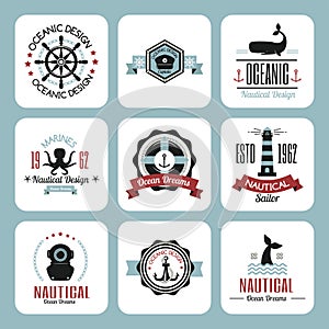 Sea marine nautical logo icons sailing themed label or with ship ribbons travel element graphic badges illustration.