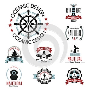 Sea marine vector nautical logo icons sailing themed label or with ship ribbons travel element graphic badges