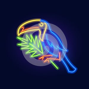 Fashion neon sign. toucan bird on a branch. Night bright signboard, Glowing light. Summer logo, emblem for Club or bar