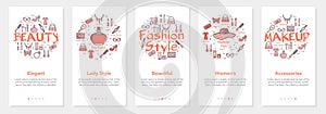 Fashion onboarding vector template. Five website and mobile app banners. Beauty and style application design. Perfume