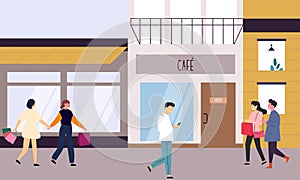 Fashion outlet, shopping center or mall and people, buyers or customers walking along city street illustration