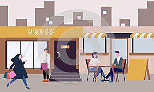 Fashion outlet, shopping center or mall and people, buyers or customers walking along city street illustration