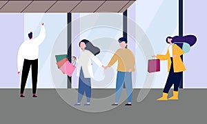 Fashion outlet, shopping center or mall and people, buyers or customers walking along city street illustration