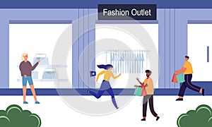 Fashion outlet, shopping center or mall and people, buyers or customers walking along city street illustration