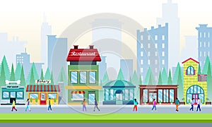 Fashion outlet, shopping center or mall and people, buyers or customers walking along city street illustration