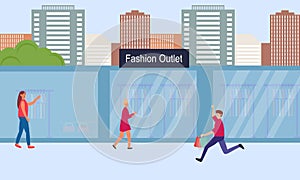 Fashion outlet, shopping center or mall and people, buyers or customers walking along city street illustration