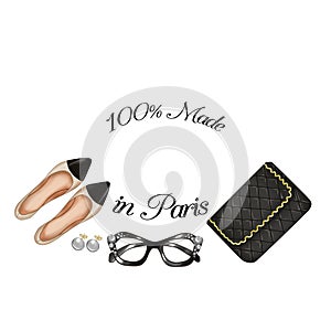 Fashion Parisian items - quilt bag - pointed shoes - glasses and pearls