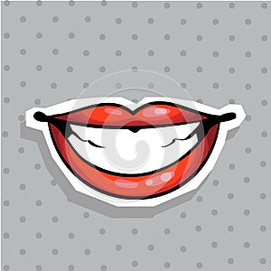 Fashion patch badge with lips whide smiling pop art style sticker with dot background