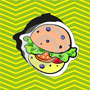 Fashion patch badge pin stocker with burger pop art style illustration