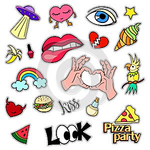 Fashion patch badges. Big set. Stickers, pins, embroidery, patches and handwritten notes collection in cartoon 80s-90s