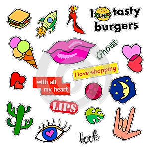 Fashion patch badges. Big set. Stickers, pins, embroidery, patches and handwritten notes collection in cartoon 80s-90s