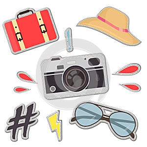 Fashion patch badges with camera, hat, bag, hipster sunglases vector set.