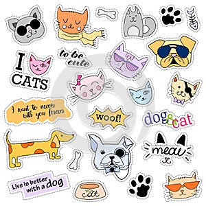 Fashion patch badges. Cats and dogs set. Stickers, pins, patches handwritten notes collection in cartoon 80s-90s comic