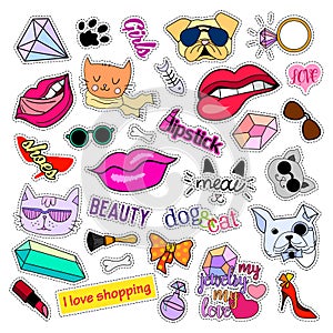 Fashion patch badges. Cats and dogs set. Stickers, pins, patches handwritten notes collection in cartoon 80s-90s comic