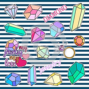 Fashion patch badges. Diamonds and jewelry set. Stickers, pins, patches handwritten notes collection in cartoon 80s-90s