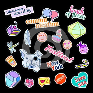 Fashion patch badges with different elements. Set of stickers, pins, patches and handwritten notes collection in cartoon