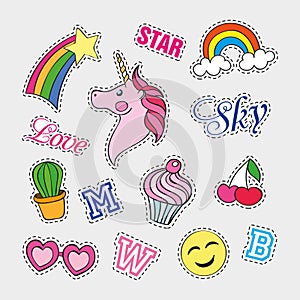 Fashion patch badges with different elements. Set of stickers, pins, patches and handwritten notes collection in cartoon photo