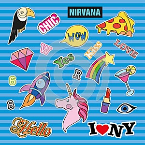 Fashion patch badges with different elements. Set of stickers, pins, patches and handwritten notes collection in cartoon