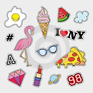 Fashion patch badges with different elements. Set of stickers, pins, patches and handwritten notes collection in cartoon