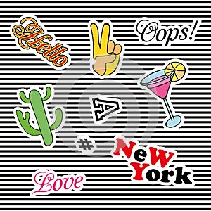 Fashion patch badges with different elements. Set of stickers, pins, patches and handwritten notes collection in cartoon