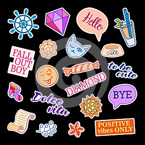 Fashion patch badges with different elements. Set of stickers, pins, patches and handwritten notes collection in cartoon photo