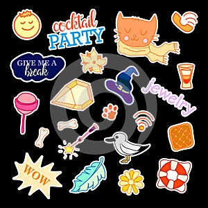 Fashion patch badges with different elements. Set of stickers, pins, patches and handwritten notes collection in cartoon