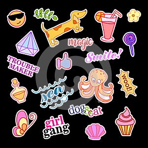 Fashion patch badges with different elements. Set of stickers, pins, patches and handwritten notes collection in cartoon photo