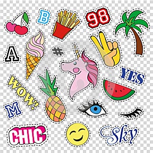 Fashion patch badges with different elements on transparent background. Set of stickers, pins, patches and handwritten