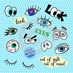 Fashion patch badges. Eyes set. Pop Art. Stickers, pins, patches and handwritten notes collection in cartoon 80s-90s