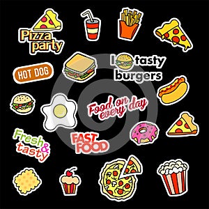 Fashion patch badges. Fast food set. Stickers, pins, patches and handwritten notes collection in cartoon 80s-90s comic