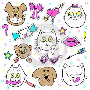 Fashion patch badges with kitten, puppy, teddy bear, lips, envelope and other elements. Vector illustration isolated on