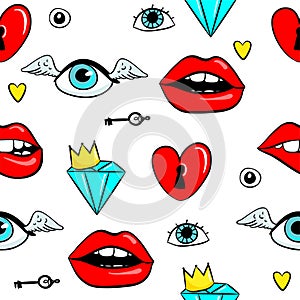 Fashion patch badges with lips, seyes, diamonds and other elements seamless pattern. Vector background with stickers