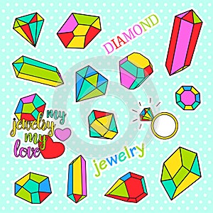 Fashion patch badges. Pop art Diamonds and jewelry set. Stickers, pins, patches handwritten notes collection in cartoon