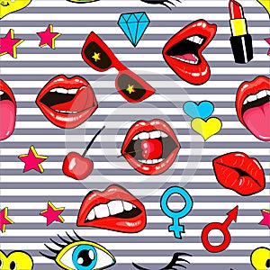 Fashion patch badges seamless pattern. Lips, kissing, open mouth, hearts, tongue, stars. Vector illustration of sweet