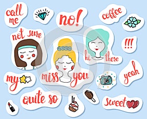 Fashion patch badges. Social networks and mobile stickers set. Pin, patches and handwritten notes collection in cartoon