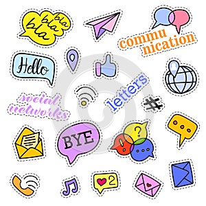 Fashion patch badges. Social networks set. Stickers, pins, patches and handwritten notes collection in cartoon 80s-90s