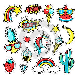 Fashion patch badges with unicorn, lips, hearts, stars, speech bubbles, rainbow; pineapple. photo